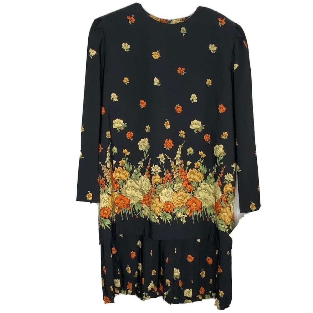 Vintage 80s Kristy Michaels Dress NWT 18 Navy Floral Pleated Bottom USA Modest